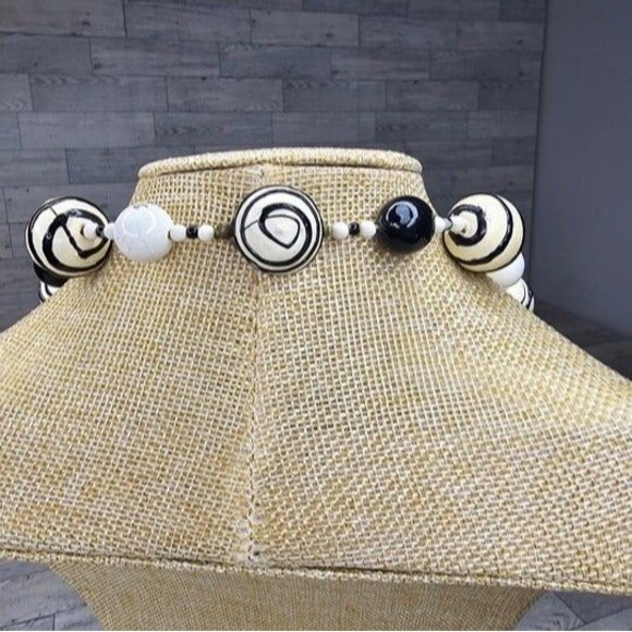 Vintage Paper Mache White and Black Beaded Necklace Stamped Japan 27"L - Picture 2 of 5